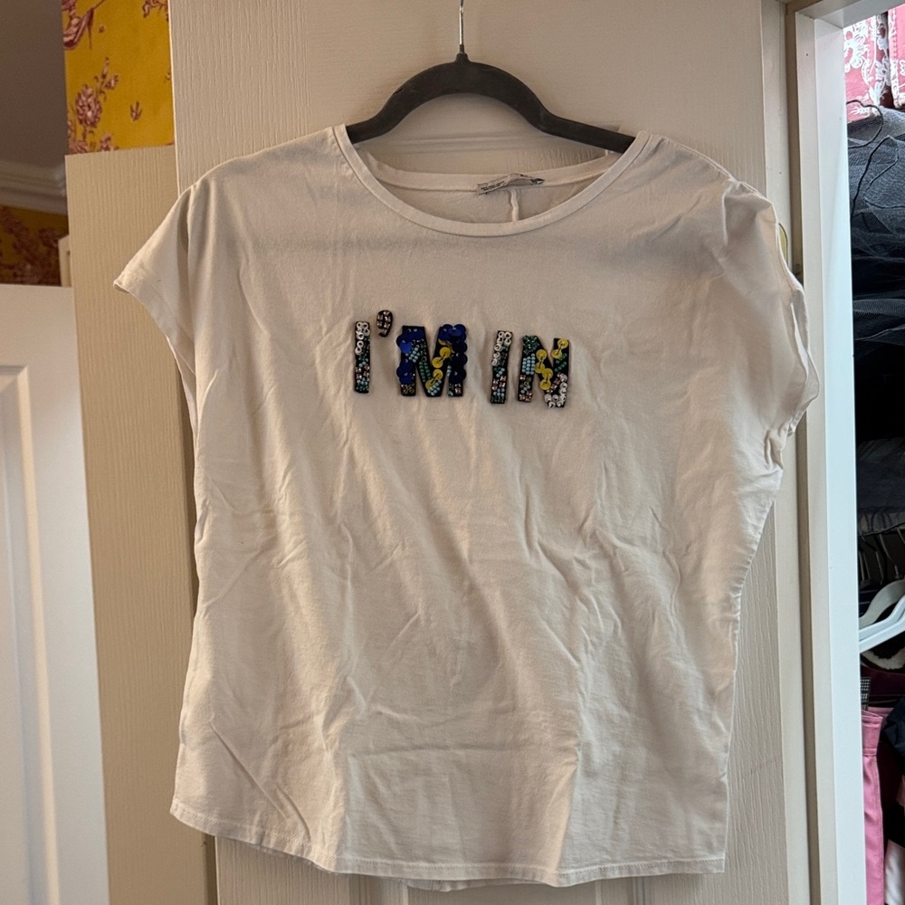 Zara White Graphic T-Shirt with Colorful Letters